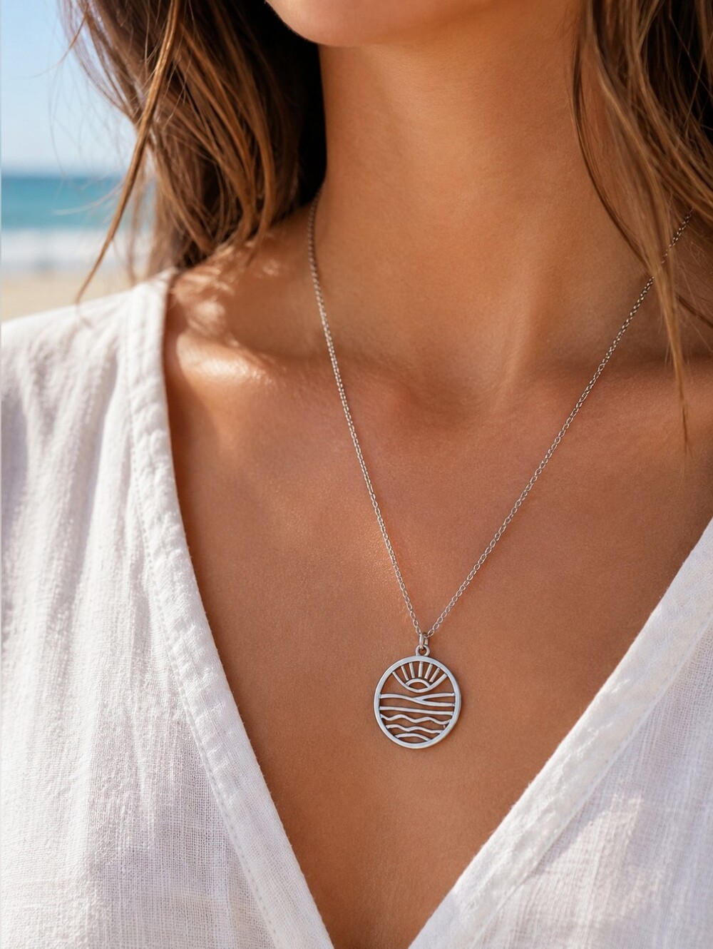 Silver Tone Ocean Sunset Waves Necklace Coastal Beach Pendant Adjustable Chain